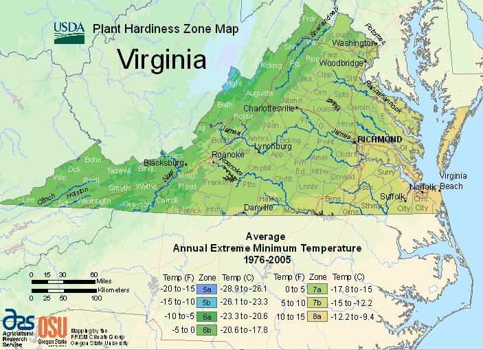 USDA map of Virginia's plant hardiness zones