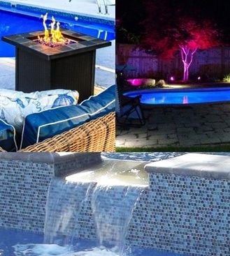 fire pit, pool and patio lights, and a waterfall with tile backsplash