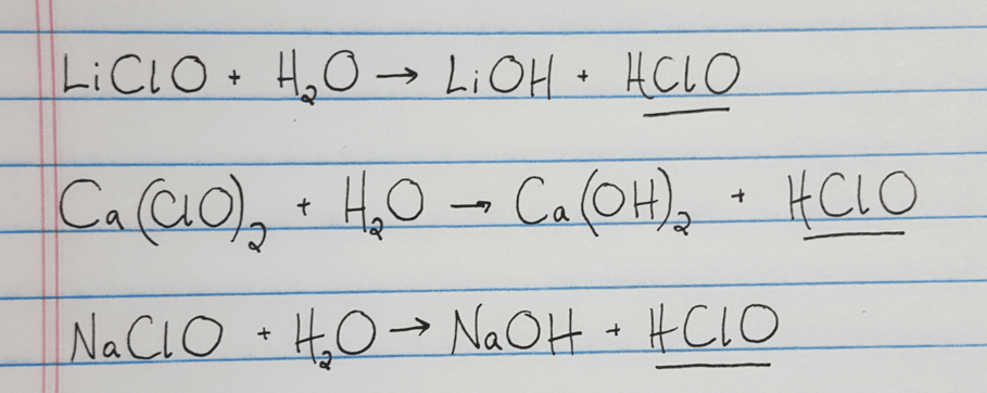 Chemical equations for lithium hypochlorite, calcium hypochlorite, or sodium hypochlorite producing HClO - How does pool chlorine work?