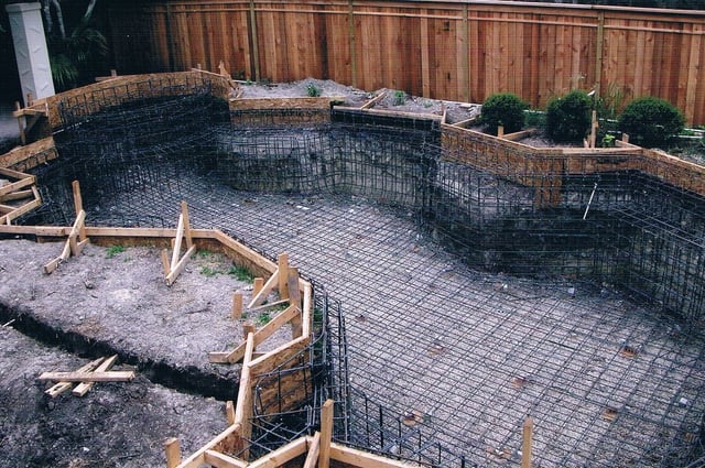 Steel rebar frame concrete pool construction