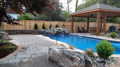 The swimming pool construction process - O30 fiberglass pool with cascade water feature 