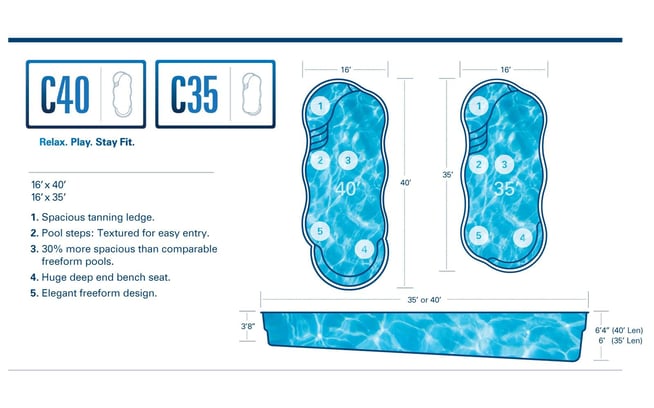C40 and C35 full diagram - fiberglass pool with tanning ledge and bench