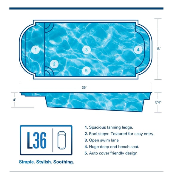 L36 fiberglass pool with spacious tanning ledge and bench