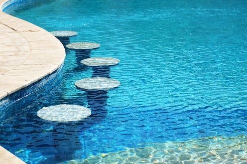 Above ground concrete pool with bar along pool wall 
