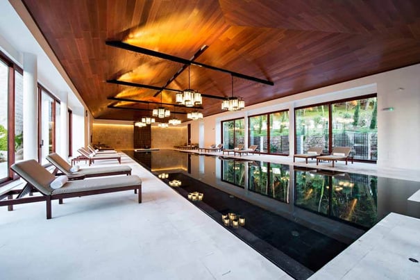 indoor black swimming pool