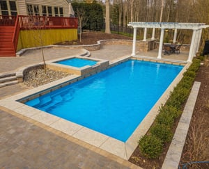 rectangular fiberglass pool (G36) with pergold and elevated tanning ledge