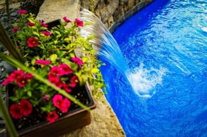 potted flowers on a poolside wall with a cascade