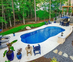 Aerial view of a gorgeous backyard featuring our C35 pool