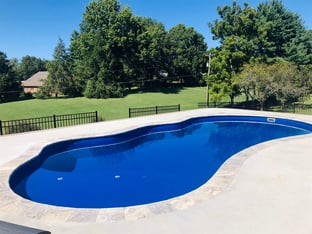 Freeform fiberglass inground pool with concrete deck in a landscaped backyard setting.