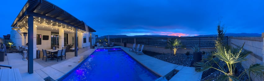 Panorama picture of fiberglass pool at sunset in Southern Utah.