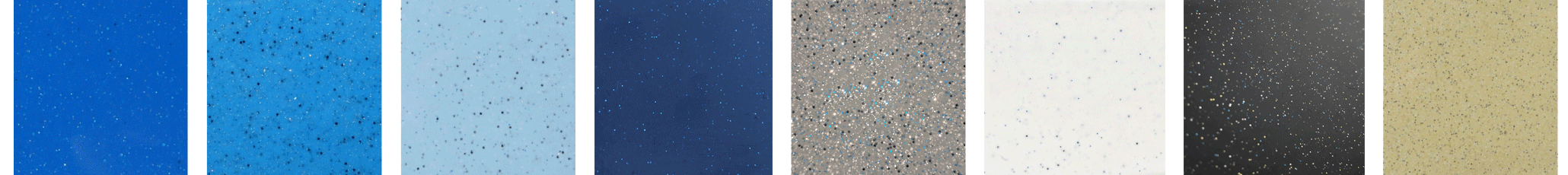 Pool gelcoat colors: Maya Shimmer, California Shimmer, Caribbean Sparkle, Azure Shimmer, Granite Grey, Arctic Shimmer, Midnight Shimmer, and Sandstone Shimmer Pool gelcoat colors: Maya Shimmer, California Shimmer, Caribbean Sparkle, Azure Shimmer, Granite Grey, Arctic Shimmer, Midnight Shimmer, and Sandstone Shimmer