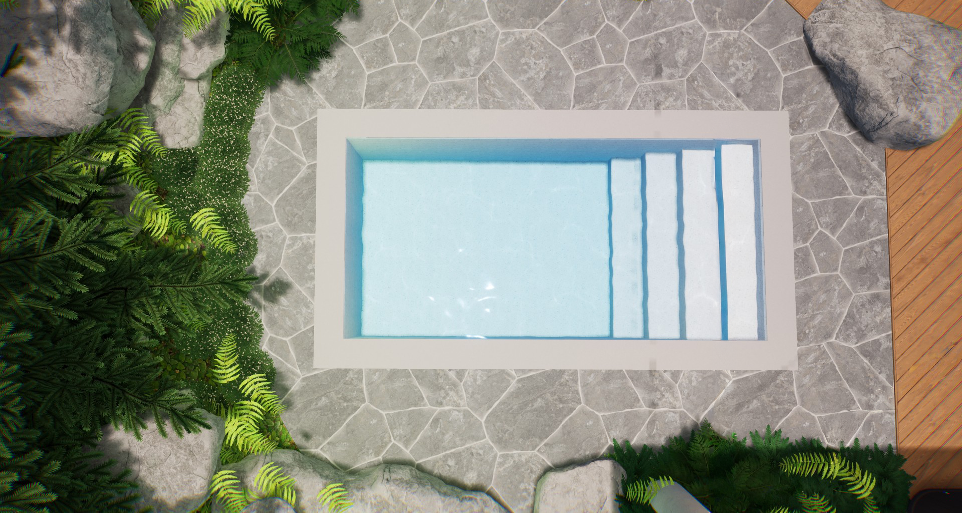 n16-rectangular fiberglass plunge pool with entry steps, surrounded by stone pavers, lush greenery, and a wooden deck