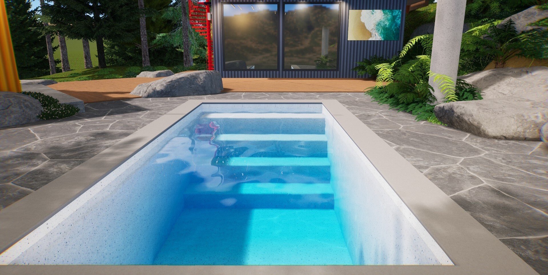 Ground-level view of a modern rectangular fiberglass plunge pool with wide steps, surrounded by stone decking, greenery, and positioned near a contemporary home with large windows