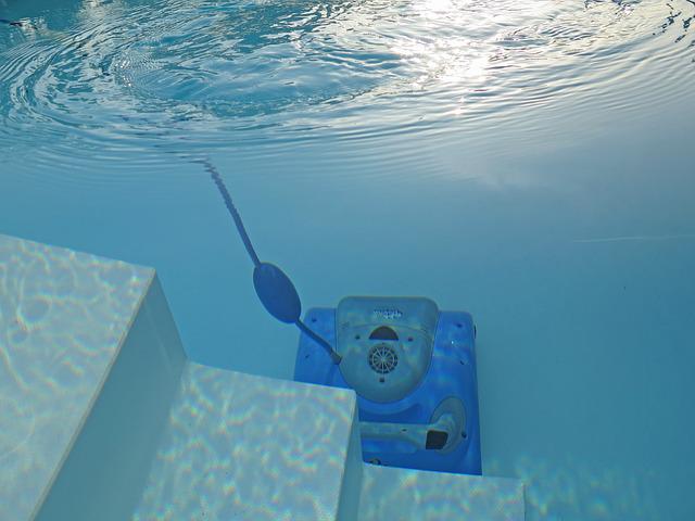 Robot pool cleaner underneath water.
