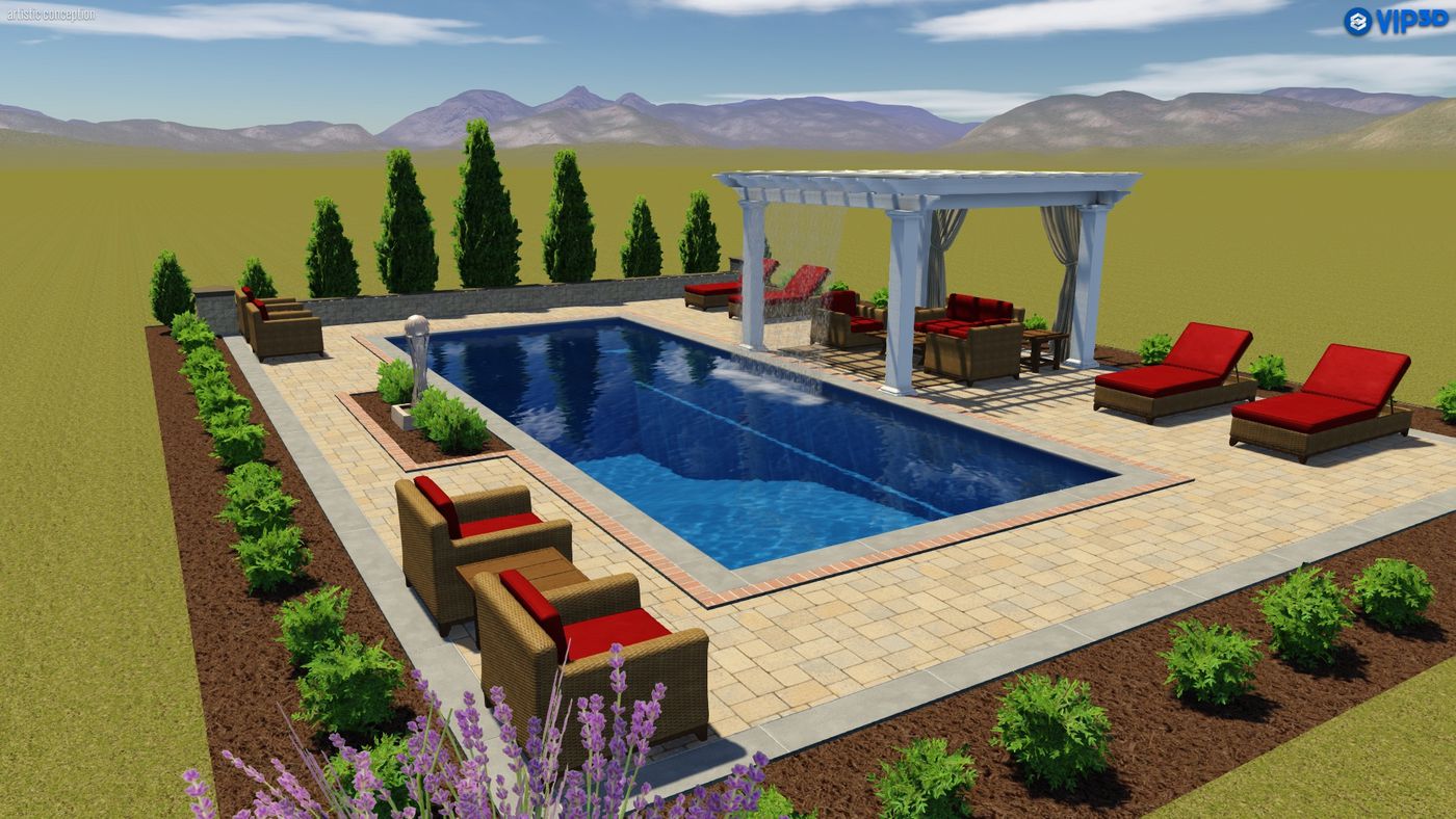 T40 pool with pergola and lawn furniture (simulated 3D illustration)