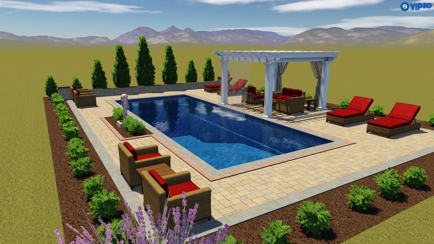 T40 pool with pergola and lawn furniture (simulated 3D illustration)