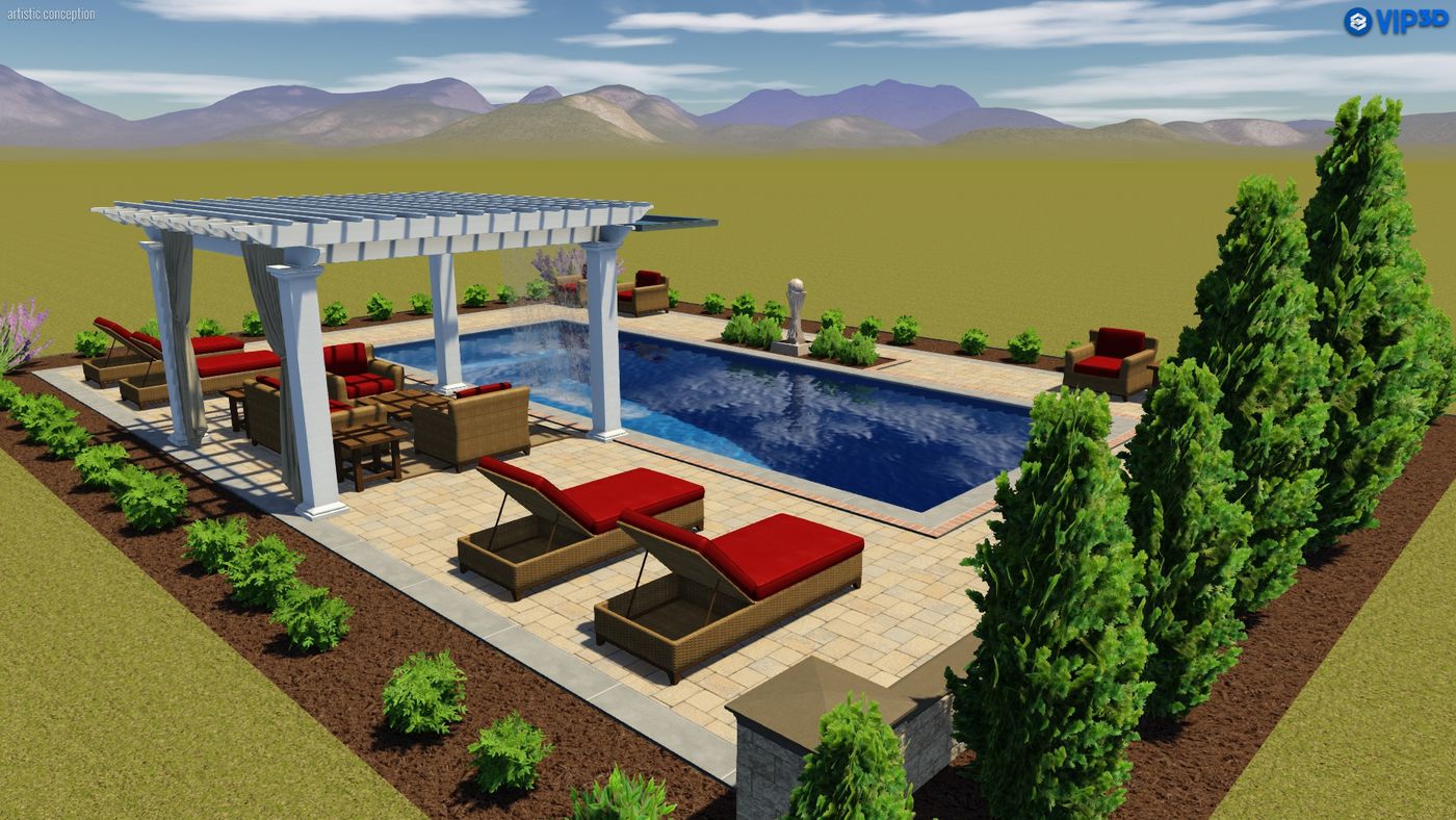 T40 pool with pergola and lawn furniture (simulated 3D illustration)