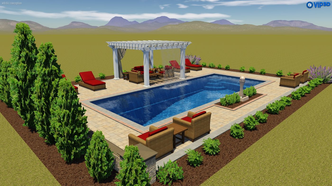T40 pool with pergola and lawn furniture (simulated 3D illustration)