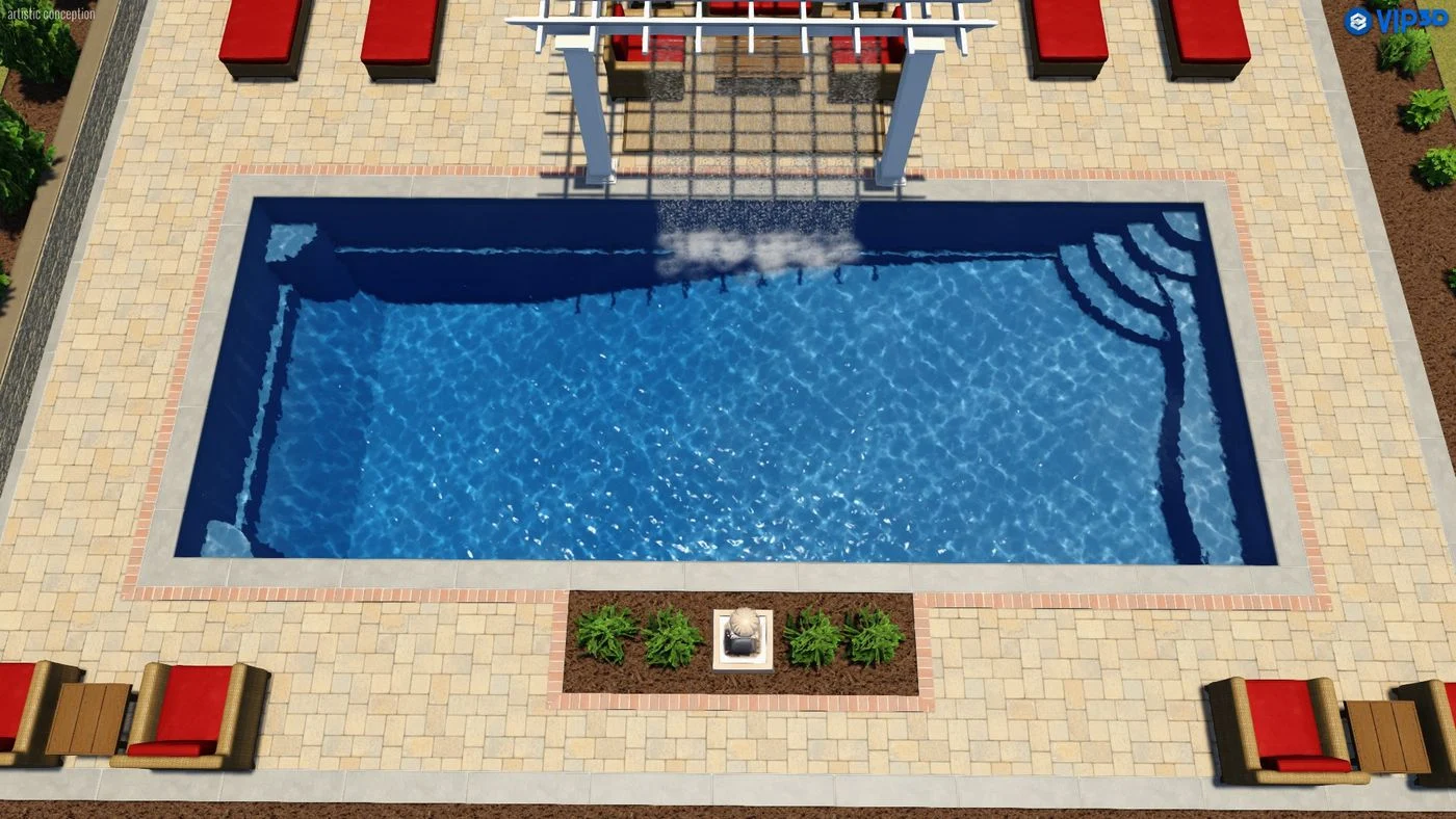 T40 pool with pergola and lawn furniture (simulated 3D illustration)